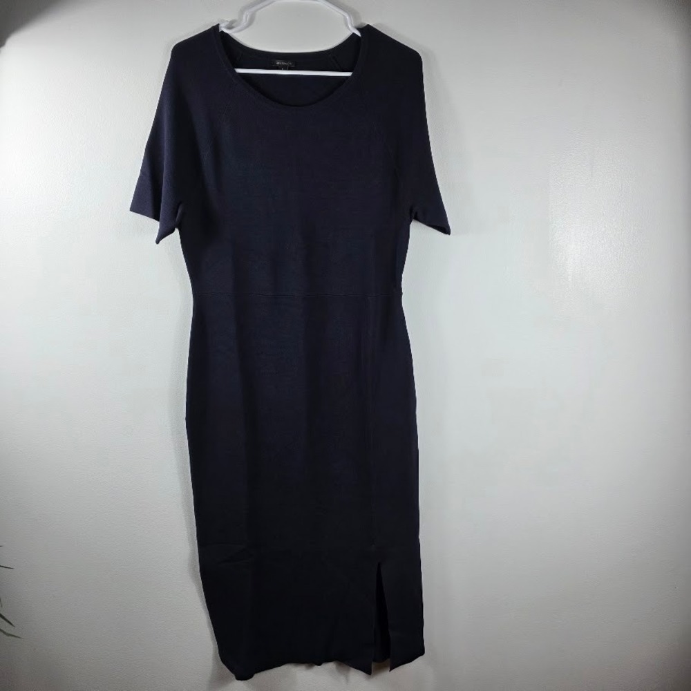 Ann Taylor Sz L Navy Blue Knit Midi Dress With Side‎ Slit Office